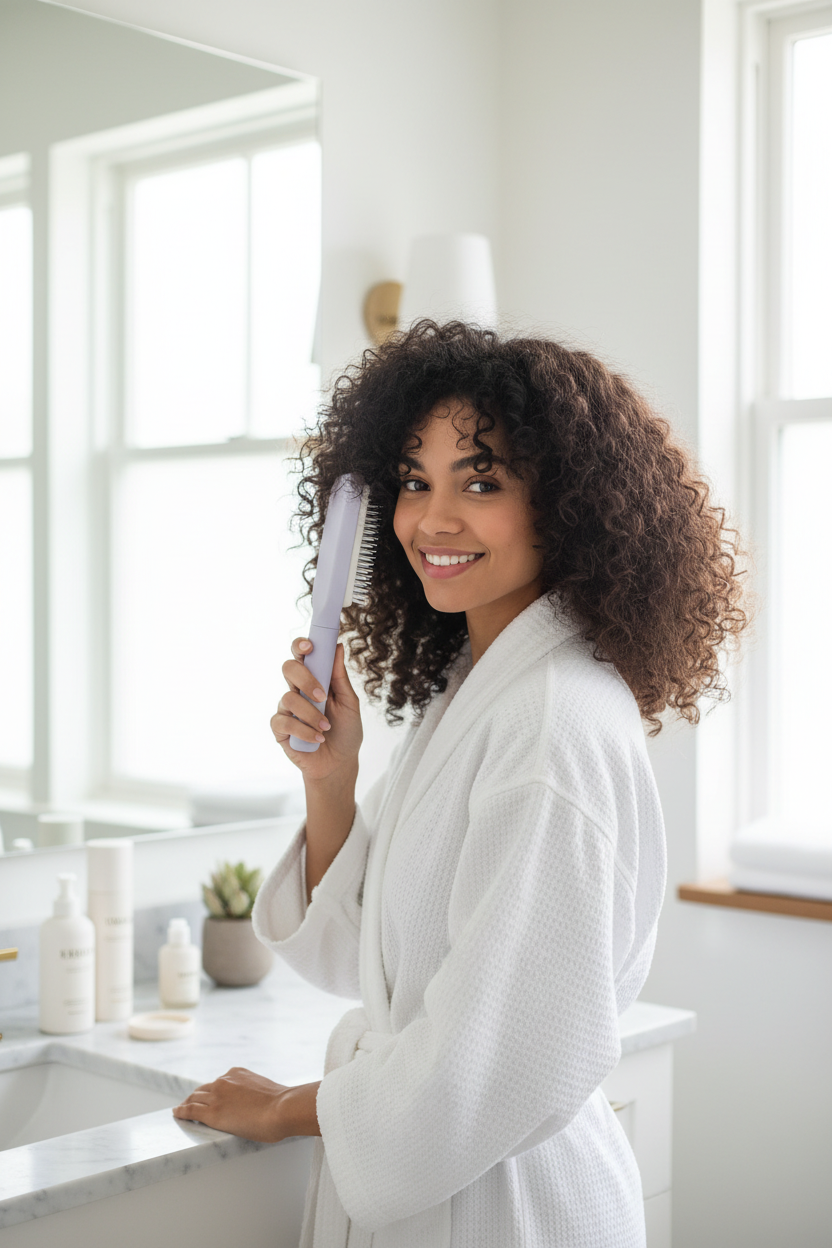 Woman with curly hair using brush