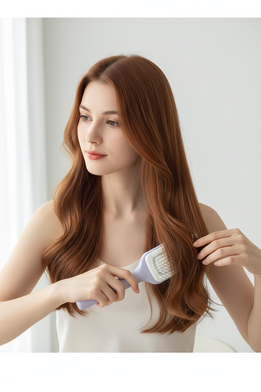 Woman with long hair using brush
